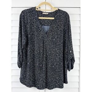 Beacon Blouse XL Navy White Abstract Dash Roll Tab Sleeve V-Neck